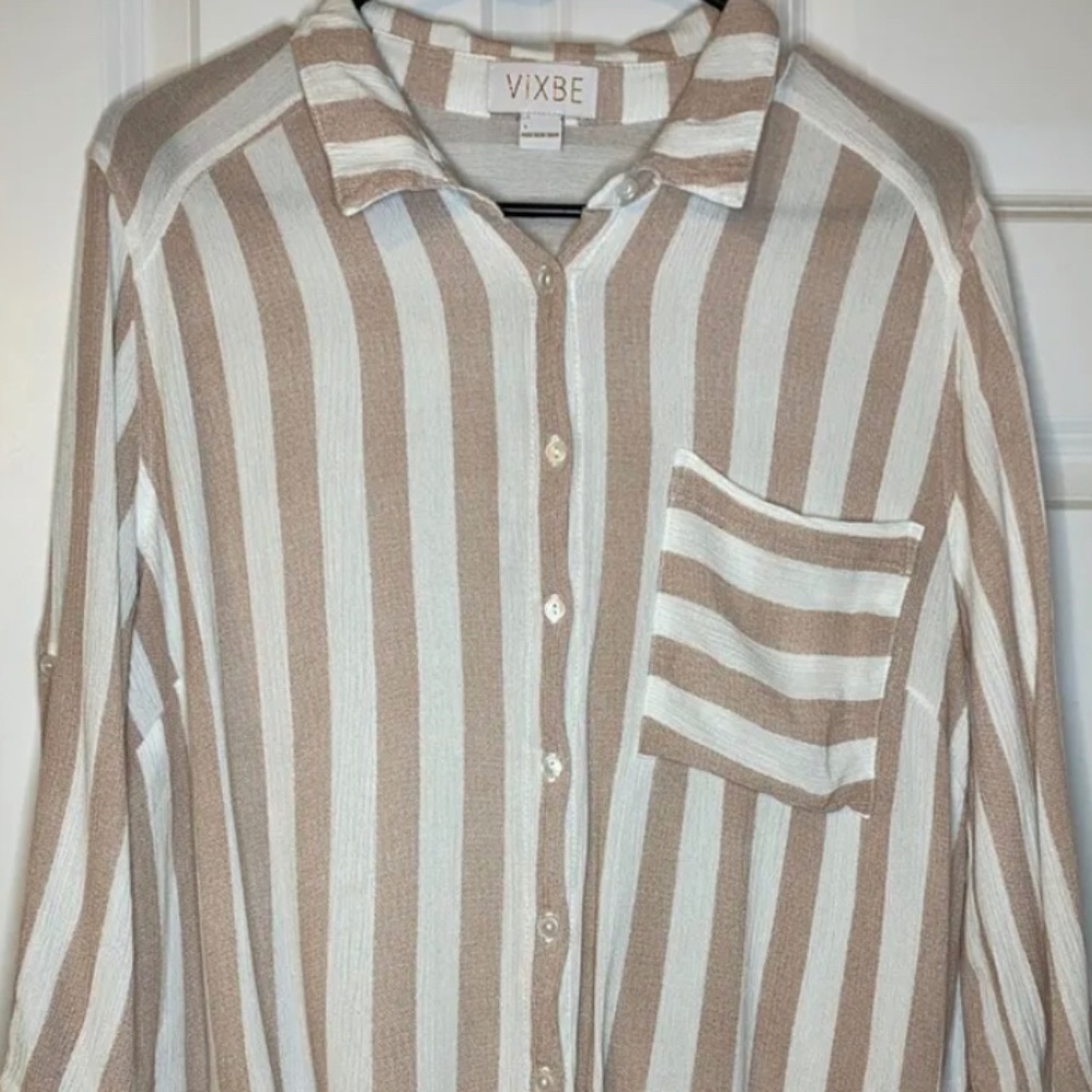 VIXBE Striped Tie Front Button Up Shirt Large Roll Tab Sleeves Dusty Rose Pink